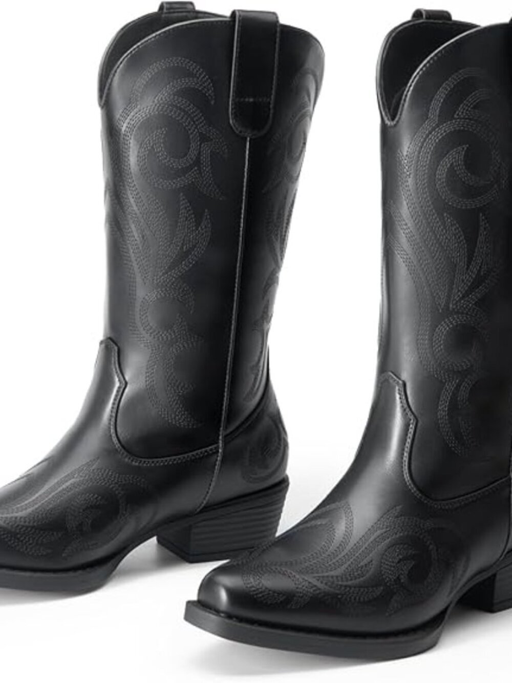 Women's Black faux leather Cowgirl Boots Square Toe Chunky Heel Stitched Boots - Picture 3 of 4